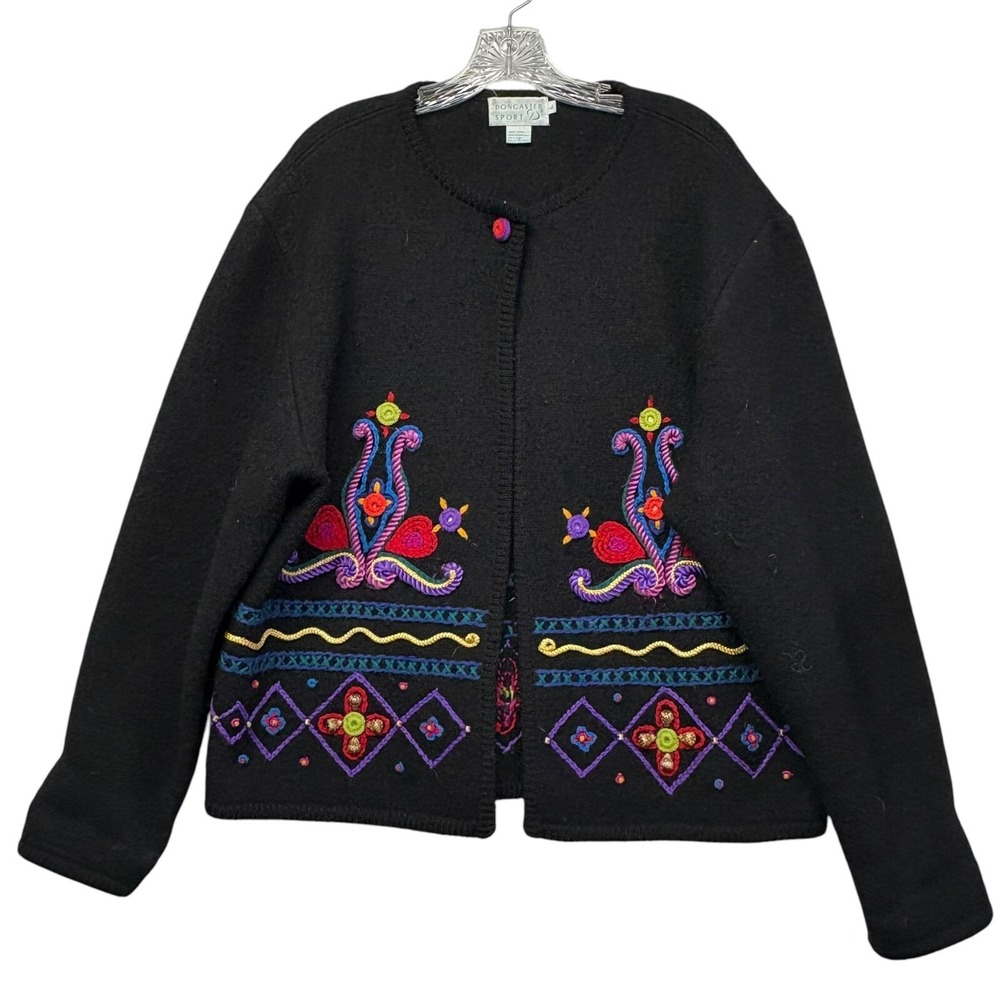 Doncaster Sport Women's‎ Embroidered Wool Cardigan Colorful Button Up Sweater LG